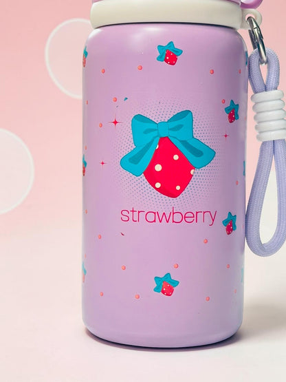 Miso station insulated stainless steel water bottle in pastel purple with strawberry and blue bow pattern