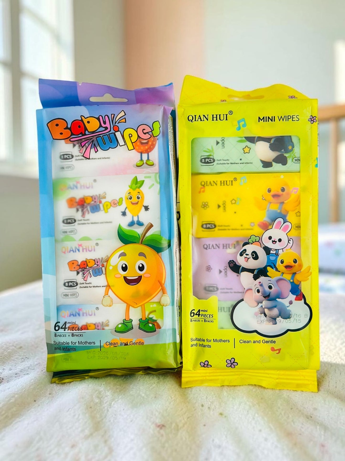 Miso station QIAN HUI gentle baby wipes multi-pack featuring colorful fruit and animal character packaging
