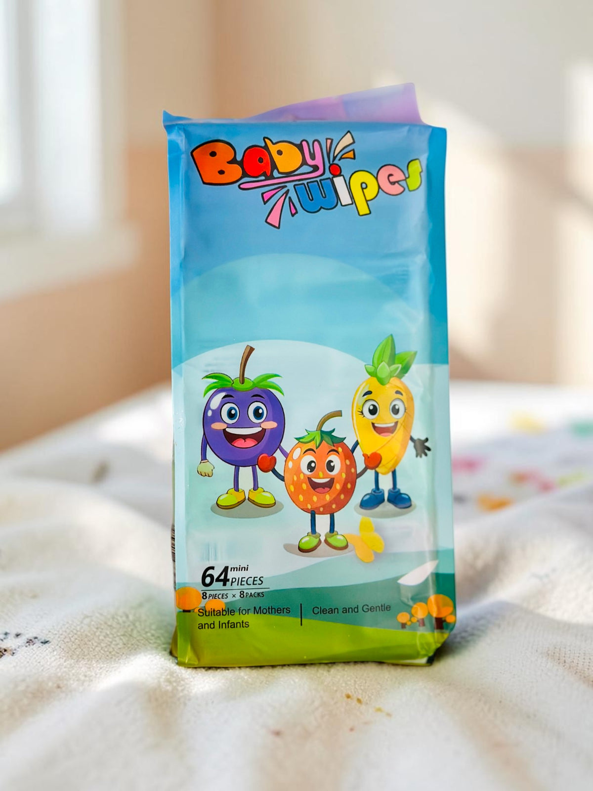 Miso station QIAN HUI gentle baby wipes multi-pack featuring colorful fruit characters on blue travel-sized packaging