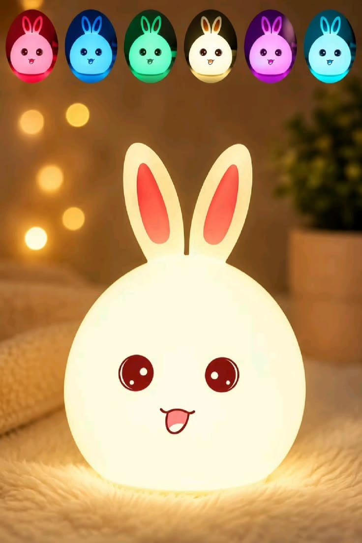 Miso station rabbit shaped silicone LED night light with multi-color settings in a cozy bedroom setting