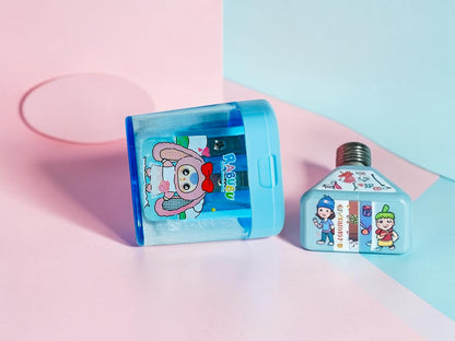 Miso station RABUBU blue dual-hole pencil sharpener with a cute character illustration and transparent shavings bin.