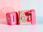 Miso station RABUBU character two-hole pencil sharpener with a pink lid and transparent shavings container.