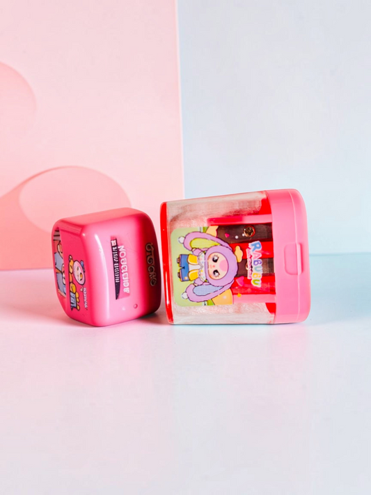 Miso station RABUBU character two-hole pencil sharpener with a pink lid and transparent shavings container.