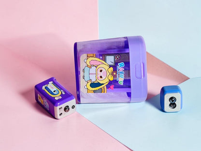Miso station RABUBU purple two-hole pencil sharpener with a cute character illustration and transparent container.