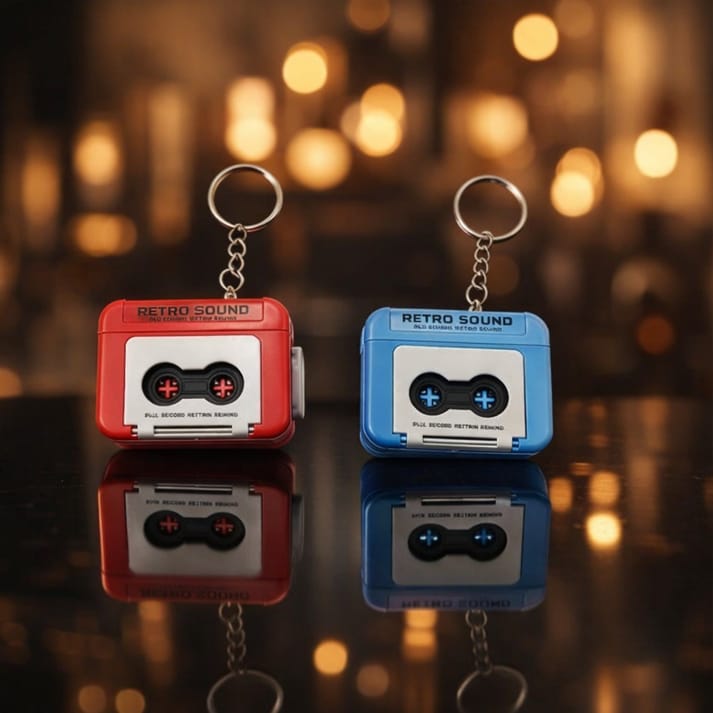Miso station red and blue retro cassette tape keychains with detailed reels and vintage typography on a dark surface.