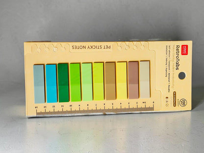 Miso station HIMIC RetroTabs PET adhesive page markers in a multi-color palette with a built-in ruler backing card.