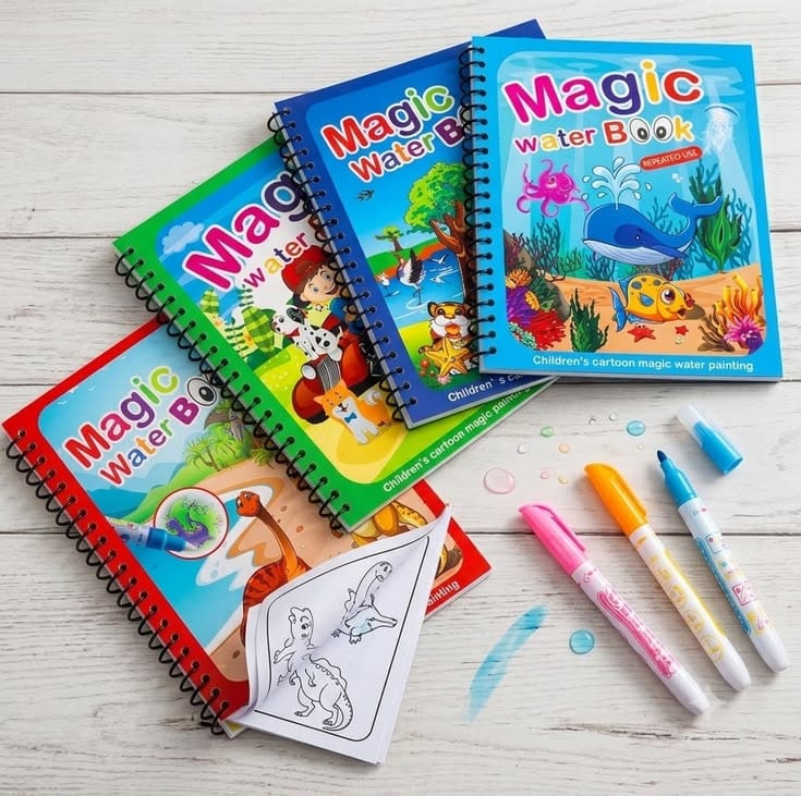 Miso station reusable magic water coloring book set with colorful spiral-bound books and refillable water pens.