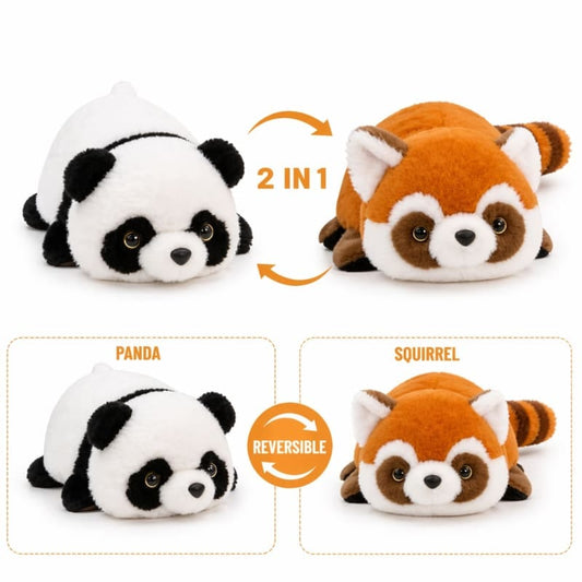Miso station reversible plush toy showing a black and white panda transforming into a soft brown red squirrel