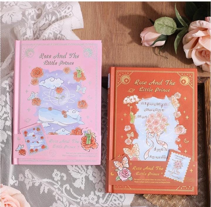 Miso station Rose and the Little Prince hardcover journals in pink and orange with whimsical gold-foil illustrations.
