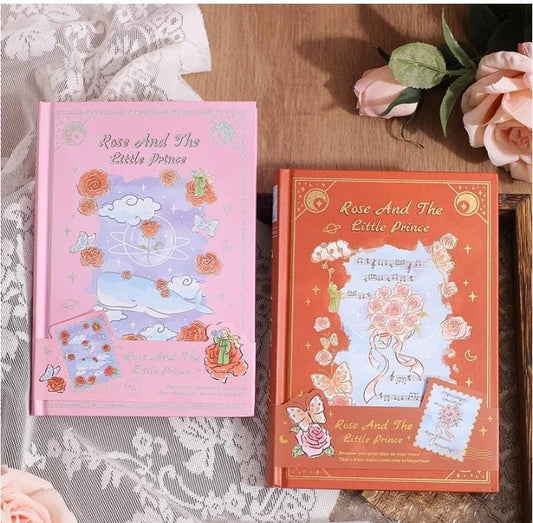 Miso station Rose and the Little Prince hardcover journals in pink and orange with whimsical gold-foil illustrations.