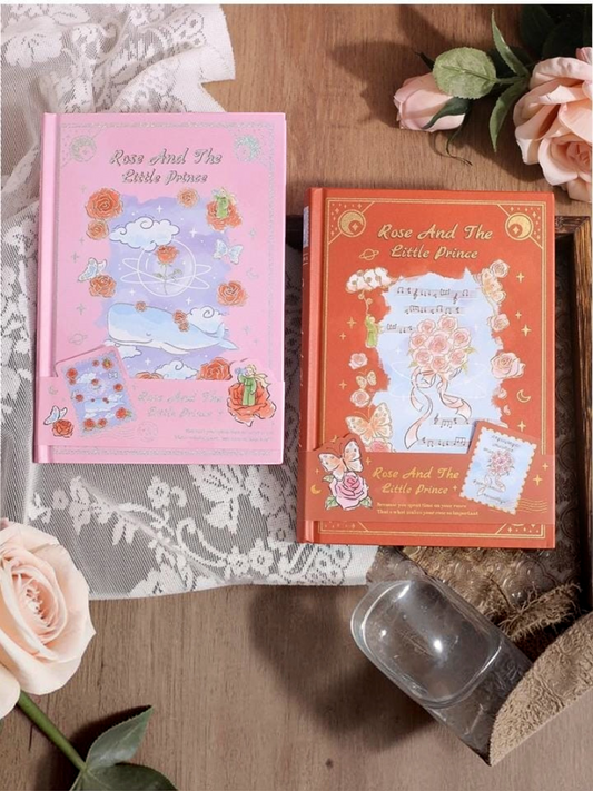 Miso station Rose and the Little Prince hardcover journals in pink and orange with whimsical gold-foil illustrations.