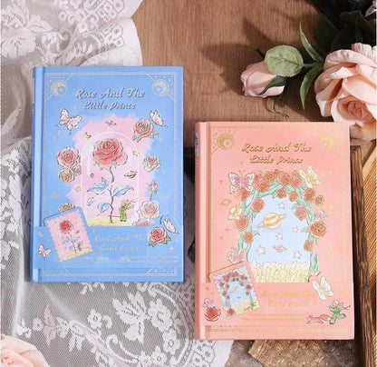 Miso station Rose and the Little Prince hardcover journals in blue and pink with gold-foil floral illustrations.