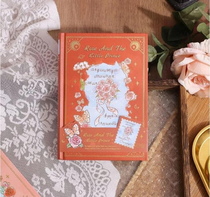 Miso station Rose and the Little Prince hardcover journal with orange cover, gold-foil details, and floral artwork.