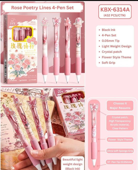 Miso station Rose Poetry Lines 4-pen set featuring floral designs, crystal patches, and soft grips with black ink.