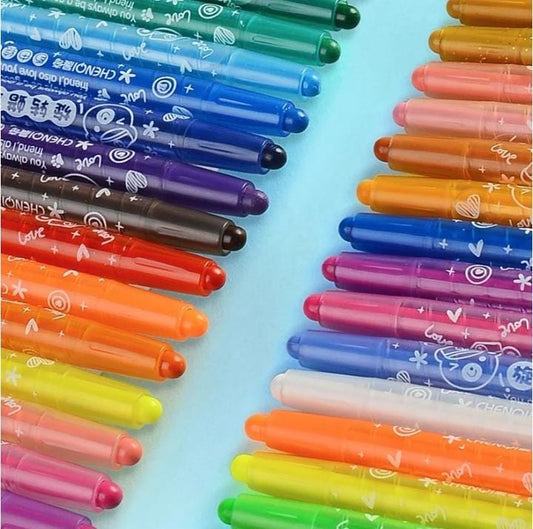 Miso station rotating crayon set with vibrant wax-based colors and whimsical patterned barrels for mess-free drawing.