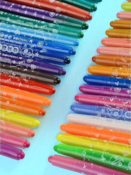Miso station rotating crayon set with vibrant wax-based colors and whimsical patterned barrels for mess-free drawing.