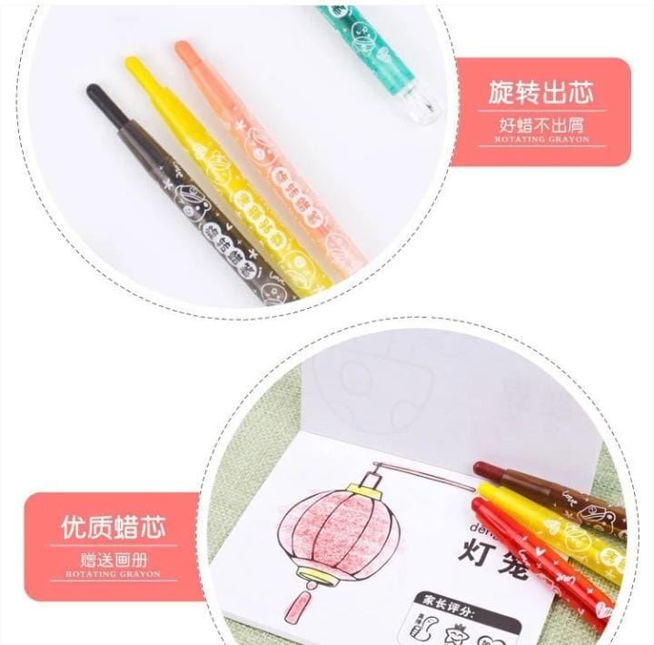 Miso station rotating wax crayons with whimsical barrel graphics for mess-free drawing and coloring on paper.