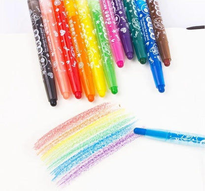 Miso station rotating wax crayons in a rainbow of colors with whimsical barrel graphics and a color swatch sample.