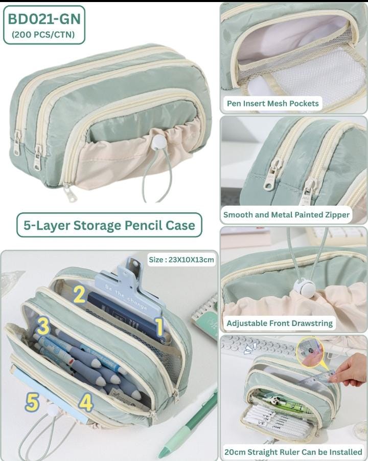 Miso station sage green 5-layer pencil case with mesh pockets, adjustable drawstring front, and metal zippers.