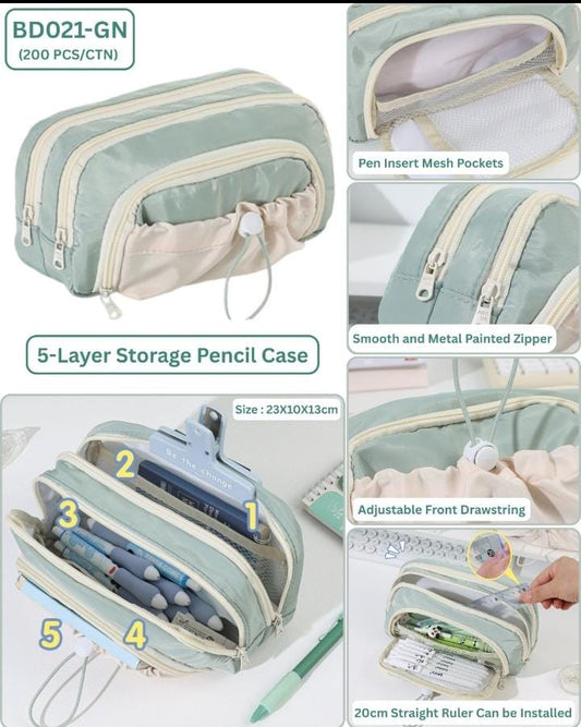 Miso station sage green 5-layer pencil case with mesh pockets, adjustable drawstring front, and metal zippers.