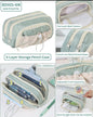 Miso station sage green 5-layer pencil case with mesh pockets, adjustable drawstring front, and metal zippers.
