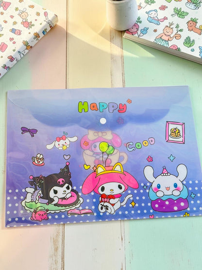 Miso station Sanrio plastic document folder featuring Kuromi, My Melody, and Cinnamoroll with a snap-button closure.