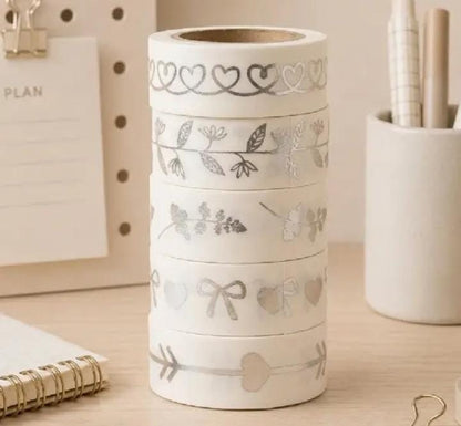 Miso station decorative washi tape set featuring five rolls with shimmering silver foil patterns on translucent tape.