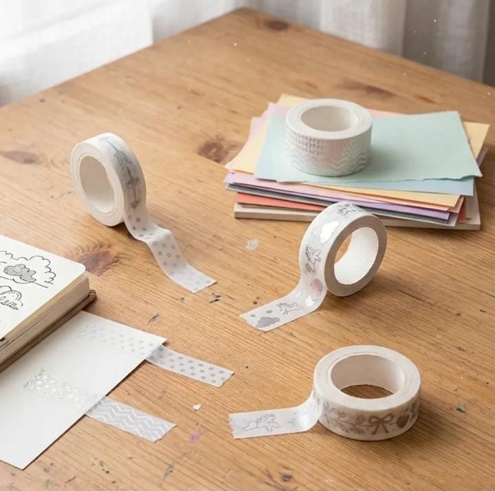 Miso station decorative washi tape set with silver foil patterns on translucent adhesive rolls for crafting