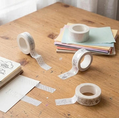 Miso station decorative washi tape set with silver foil patterns on translucent adhesive rolls for crafting