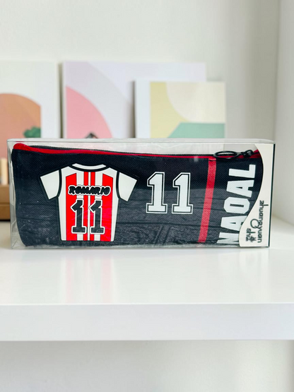 Miso station soccer jersey themed pencil case in black and red with number 11 graphic and zipper closure