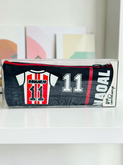 Miso station soccer jersey themed pencil case in black with red and white stripes, number 11, and zipper closure.