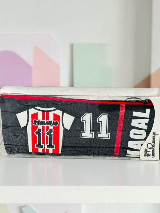 Miso station soccer jersey themed pencil case in black and red with number 11 and Romario print