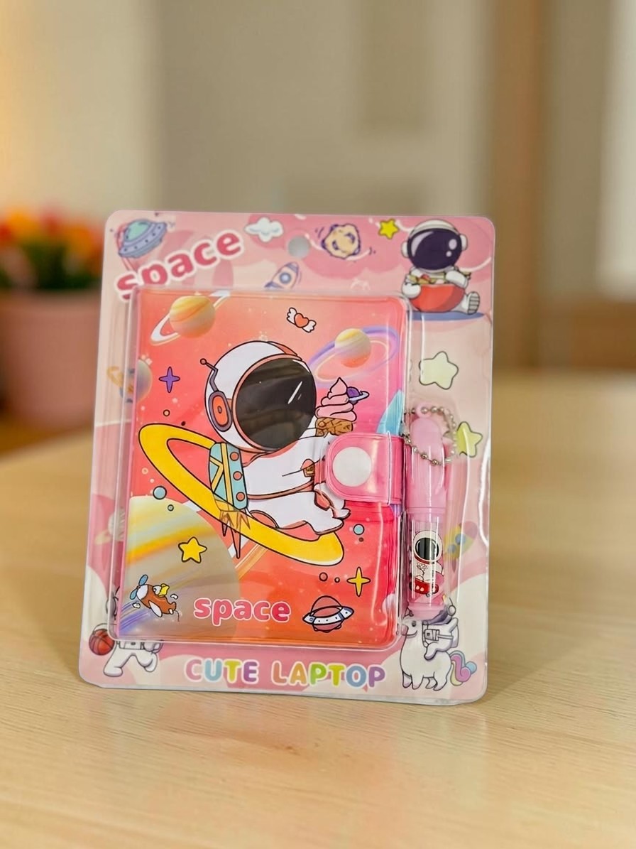 Miso station space-themed notebook set with matching pen, featuring a pink astronaut design and snap-button closure.