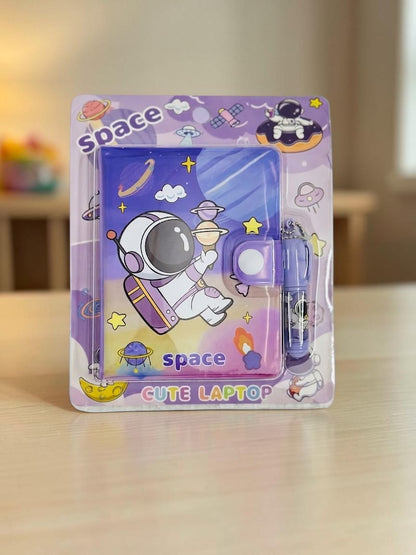 Miso station space-themed notebook and matching pen set with a purple astronaut cover and snap-button closure.
