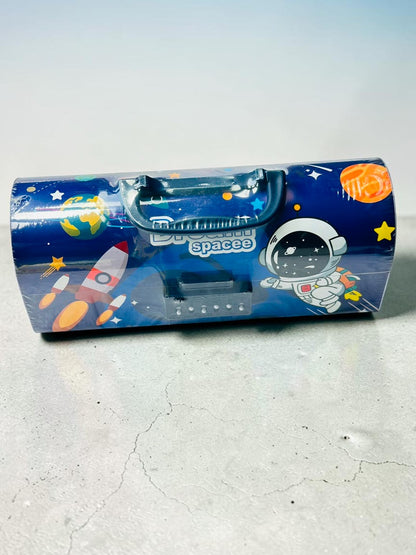 Miso station space-themed children's storage case with astronaut graphics, carrying handle, and combination lock.