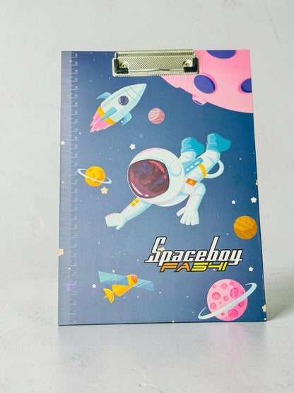 Miso station space-themed clipboard featuring an astronaut, rockets, and planets with a built-in side ruler.