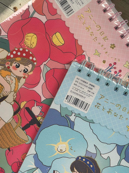 Miso station 16K spiral-bound sketchbooks with whimsical character illustrations and floral patterns in pink and blue
