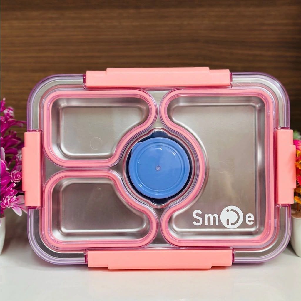 Miso station stainless steel bento lunch box with pink locking lid and four food compartments