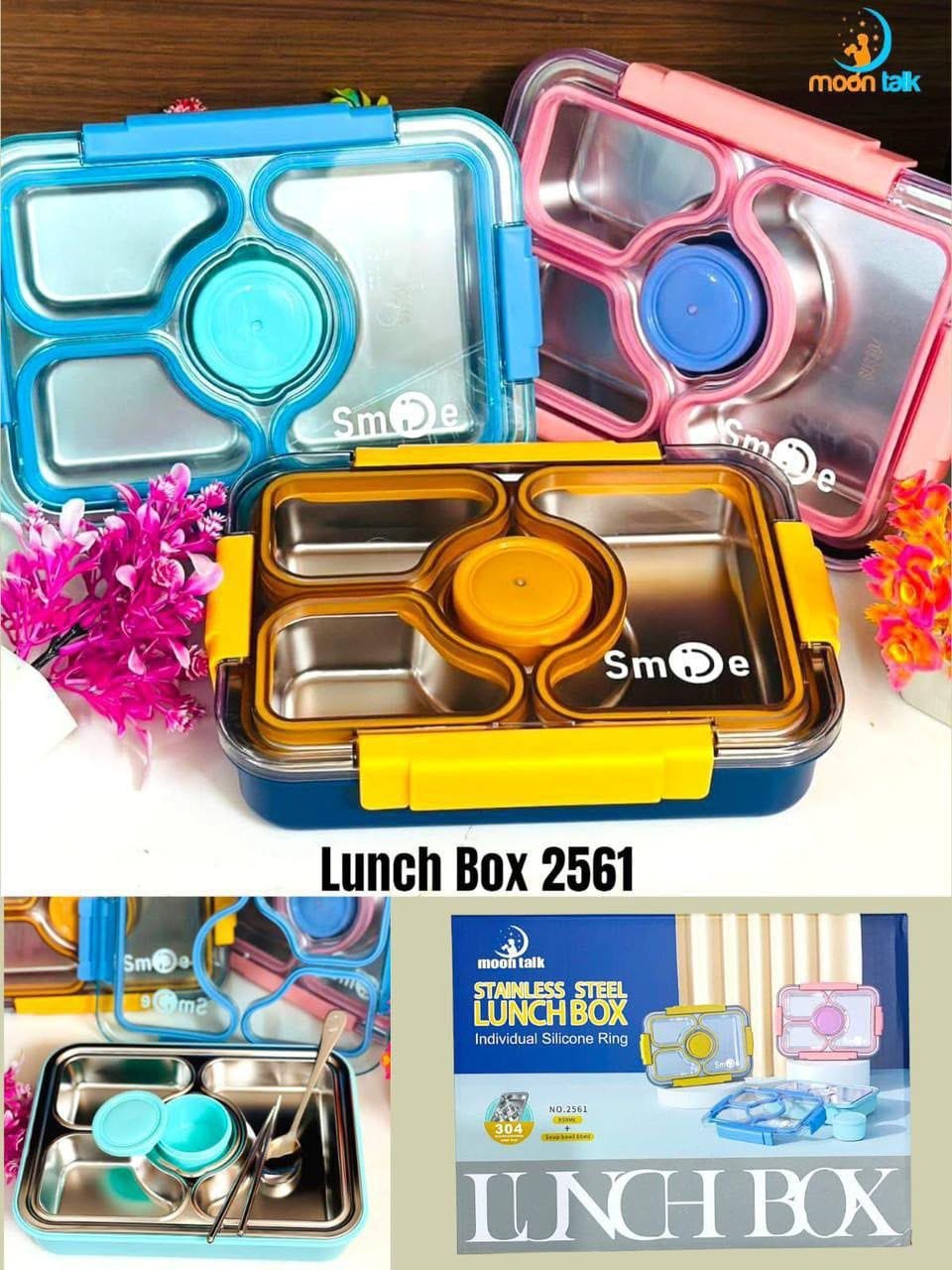 Miso station stainless steel bento lunch box with multi-compartment tray, leak-resistant lid, and colorful clips.