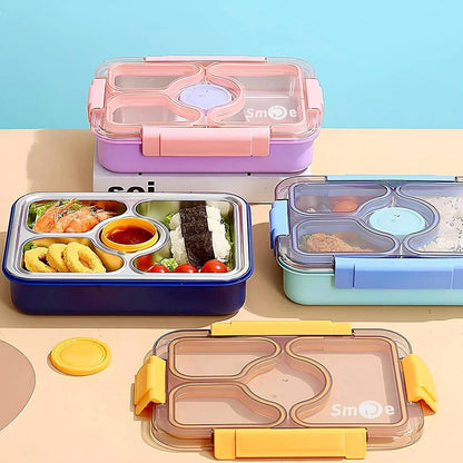 Miso station stainless steel bento lunch boxes in various pastel colors with multi-compartment trays and locking lids.