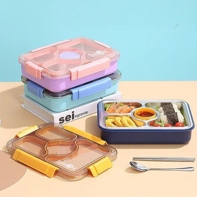Miso station stainless steel bento lunch boxes in purple, blue, and yellow with transparent leak-resistant lids.