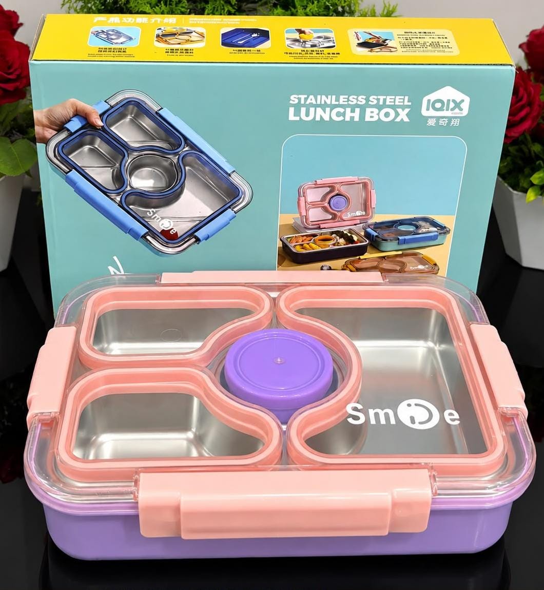 Miso station stainless steel bento lunch box with a purple base, pink locking lid, and four food compartments.
