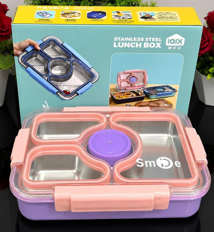 Miso station stainless steel bento lunch box with a purple base, pink locking lid, and four food compartments.