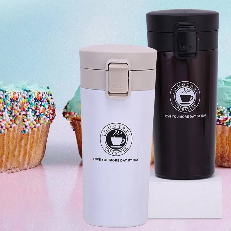 Miso station insulated stainless steel travel tumblers in white and dark brown with push-button lids and coffee logos