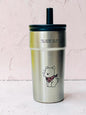 Miso station stainless steel insulated travel tumbler with a black lid, straw, and cute puppy illustration.