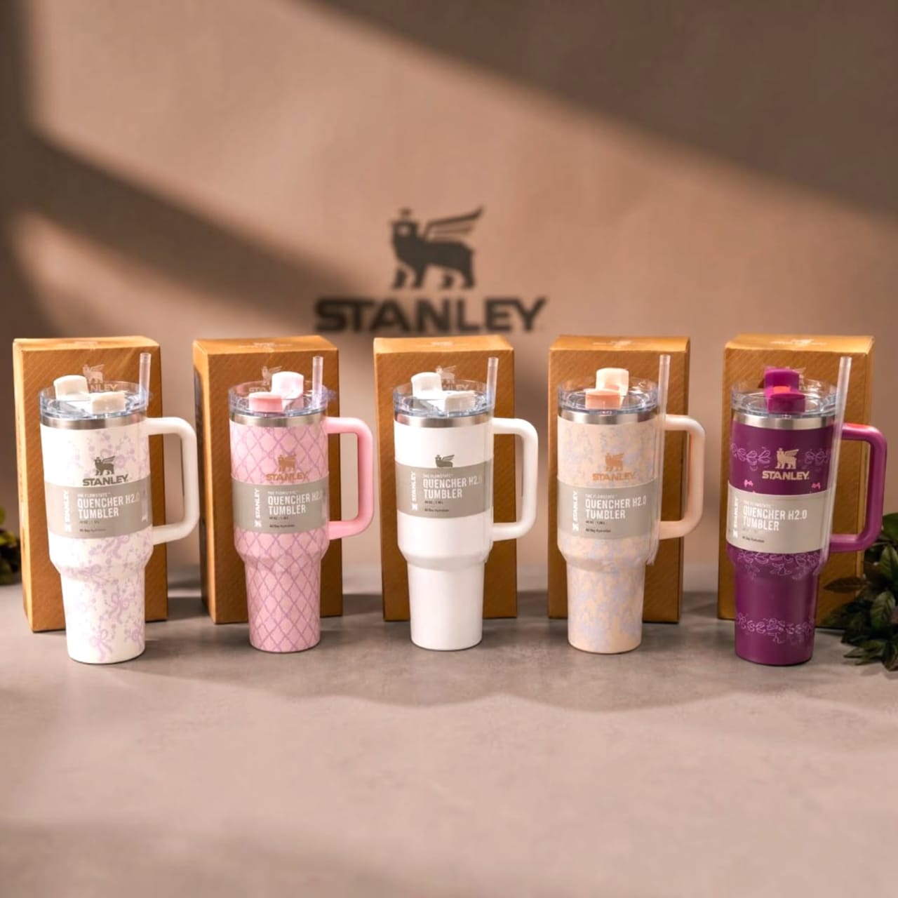 Miso station collection of five Stanley Quencher H2.0 insulated tumblers in various pastel and vibrant floral patterns.