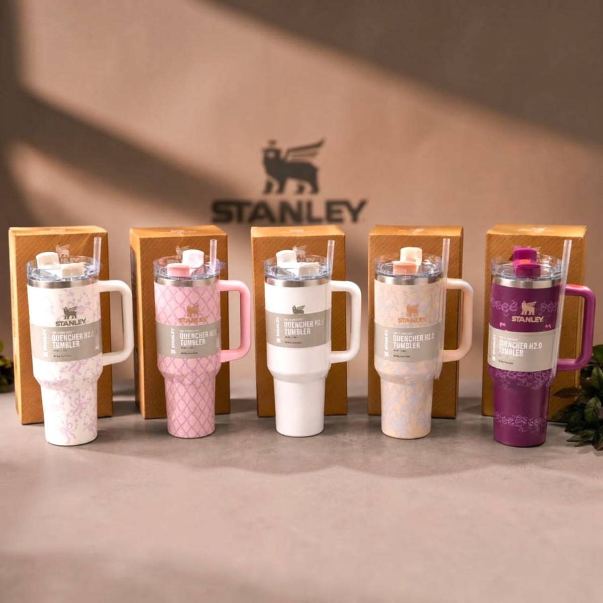 Miso station collection of five Stanley Quencher H2.0 insulated tumblers in various pastel and vibrant floral patterns.