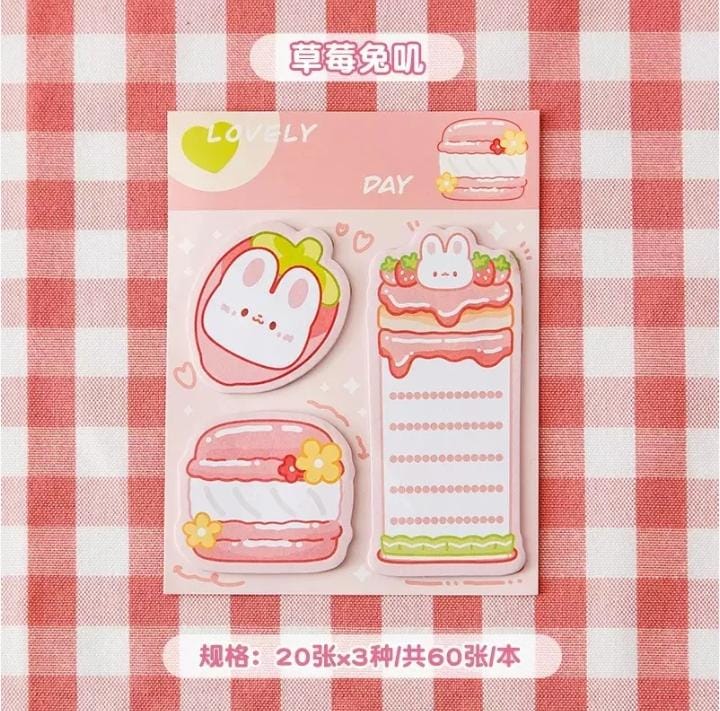 Miso station strawberry bunny themed adhesive memo note pad set with three cute cartoon designs on a checkered cloth