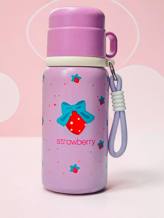 Miso station insulated stainless steel water bottle in pastel purple with strawberry and blue bow pattern and strap.