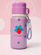 Miso station insulated stainless steel water bottle in pastel purple with strawberry and blue bow pattern and strap.